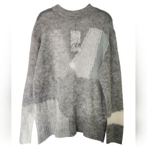 ZARA wool alpaca blend knit sweater, gray/white/turquoise  colorblock, s…